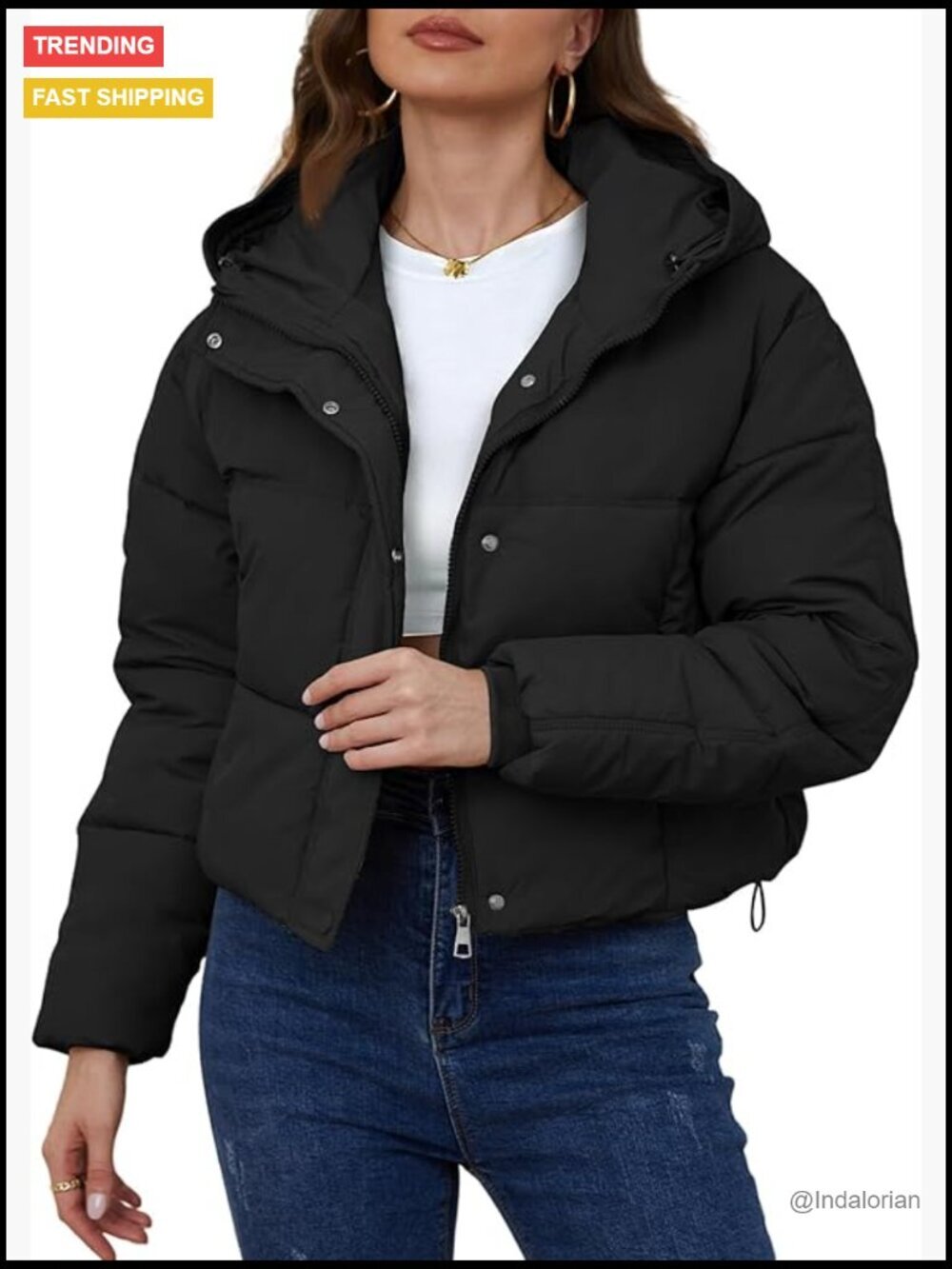 Cropped Puffer Jacket Hooded Zip Up Short Warm Quilted Coat Outerwear
